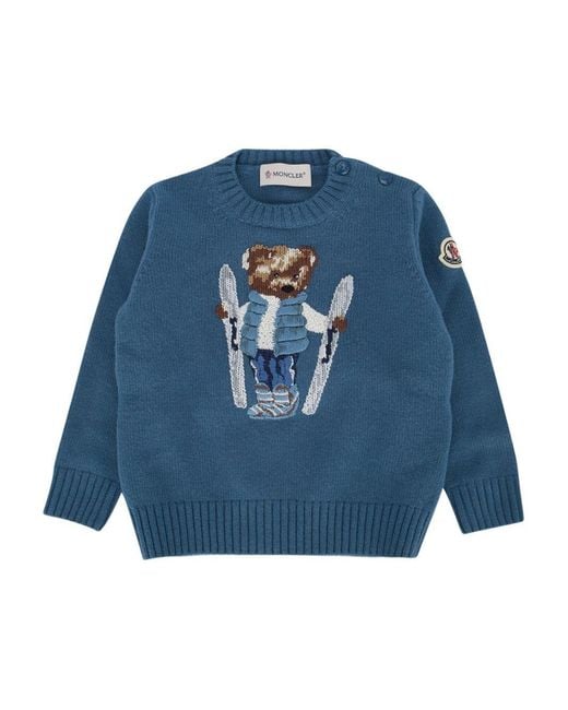 Moncler Blue Sweater With Teddy Embroidery Virgin Wool for men