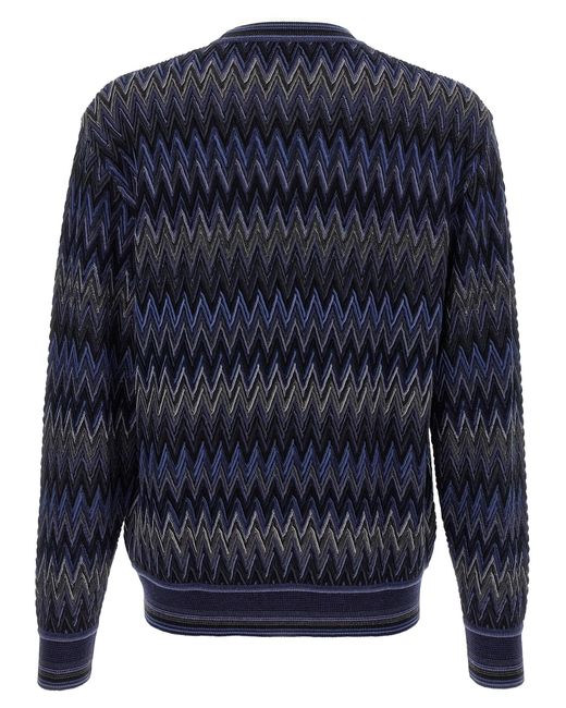 Missoni Blue Zigzag Pattern Wool Sweater With Crew Neck for men