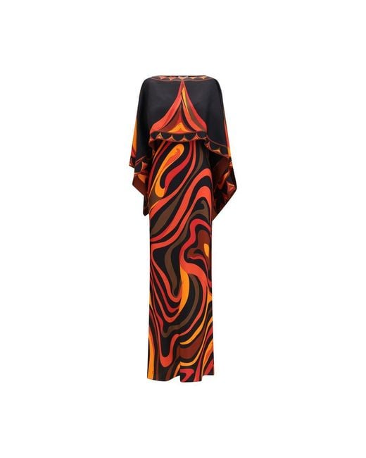 Emilio Pucci Red Marmo Print Silk Cape Dress