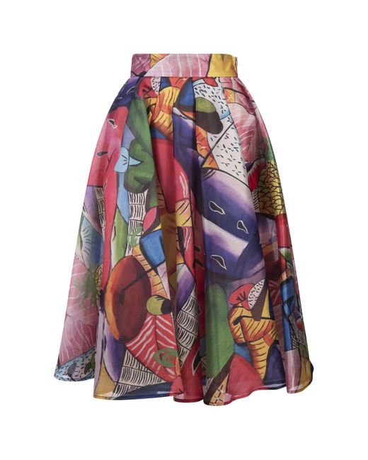 Stella Jean White Pleated Midi Skirt With Fantasy Print