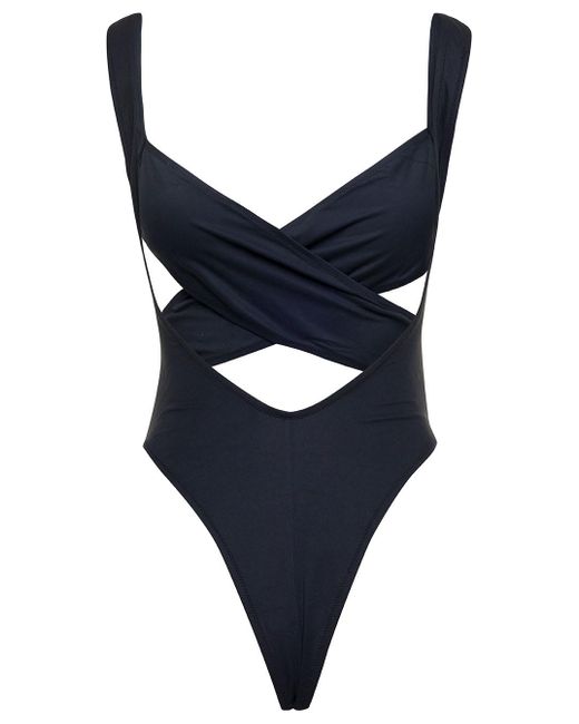 Reina Olga Blue Exotica One-Piece Swimsuit With Cut-Out And Cross-Strap
