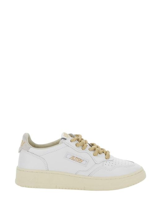 Autry White “Medalist” Low Top Sneakers With Lace-Up Closure