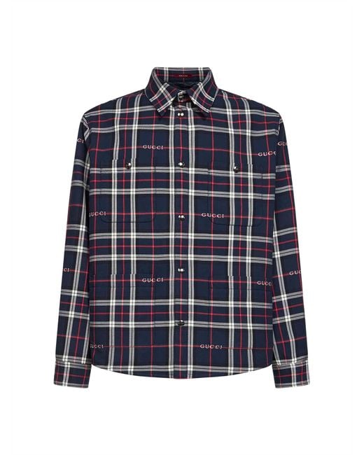 Gucci Blue Jacquard Cotton Tartan Padded Shirt Bomber Jackets for men