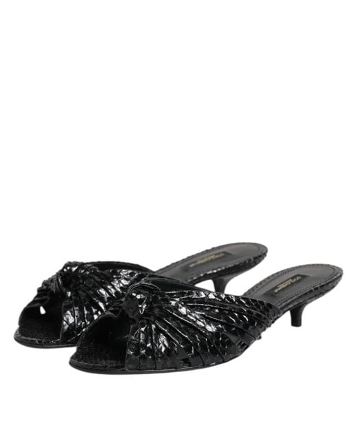 Dolce & Gabbana Black Leather Heels Slides Sandals Shoes Python
