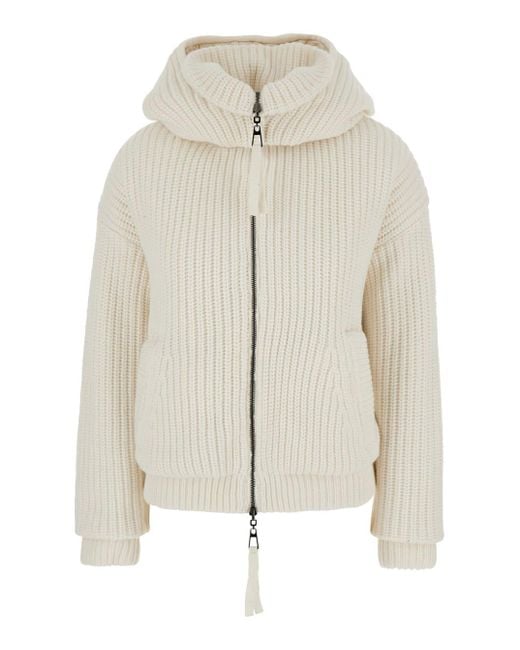 Women's White Knit Down Jacket With Hood