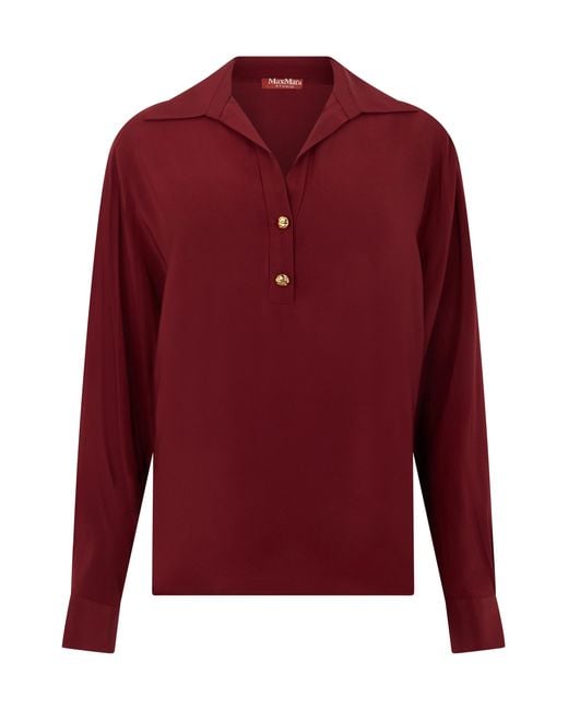 Max Mara Red Long-Sleeve Polo Silk Tops