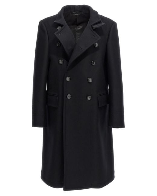 Tom Ford Black Wool Twill Double-Breasted Overcoat for men