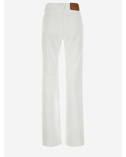 Versace White Cotton Denim Jeans With Leather Accents