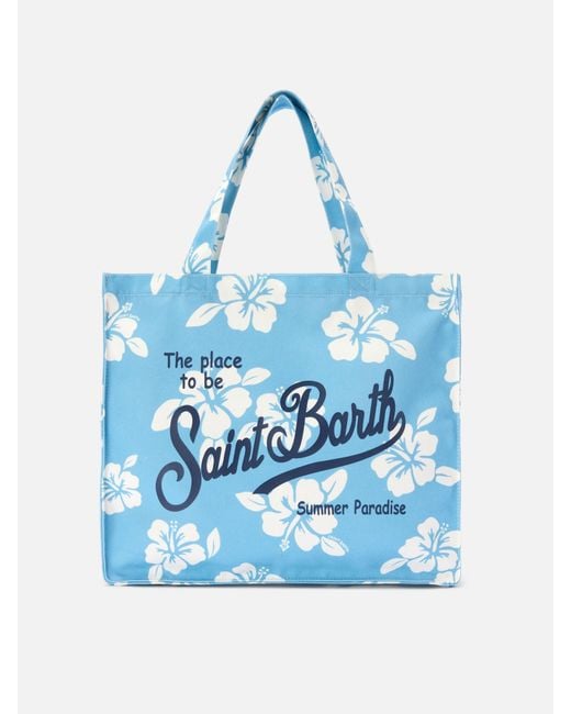 Mc2 Saint Barth Blue Essential Canvas Tote Bag With Light Hibiscus Print And Contrasting Logo