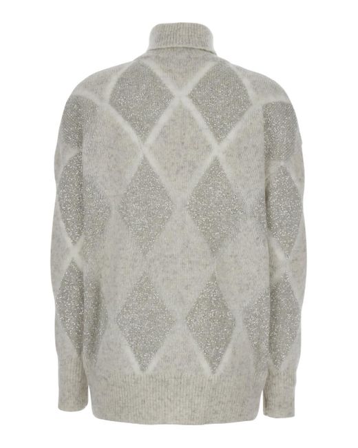 Brunello Cucinelli Gray Grey High Neck Sweater With Dazzling Argyle Motif In Wool And Mohair Woman