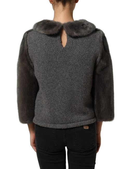 Dolce & Gabbana Black Dark Gray Mink Fur Round Collar Blouse Top