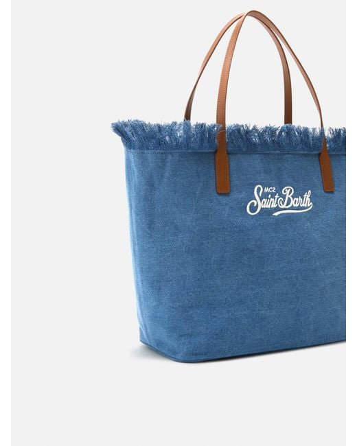 Mc2 Saint Barth Blue City Regular Bag Denim Fabric With Fringes
