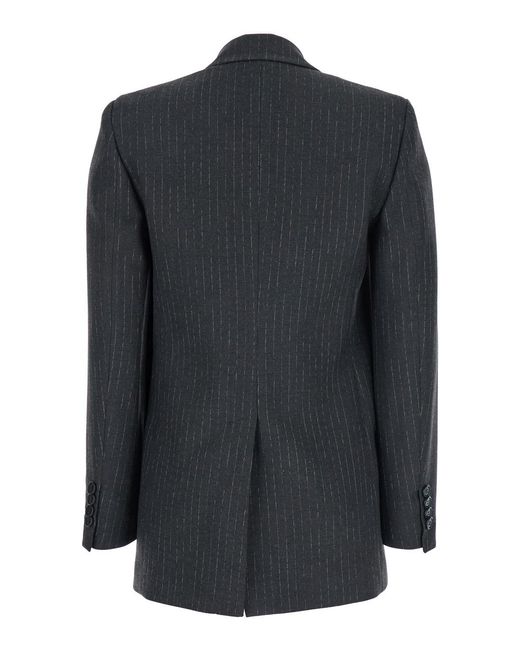 Le Plain Black Double-Breasted Jacket With Peak Revers And All-Over Striped Motif