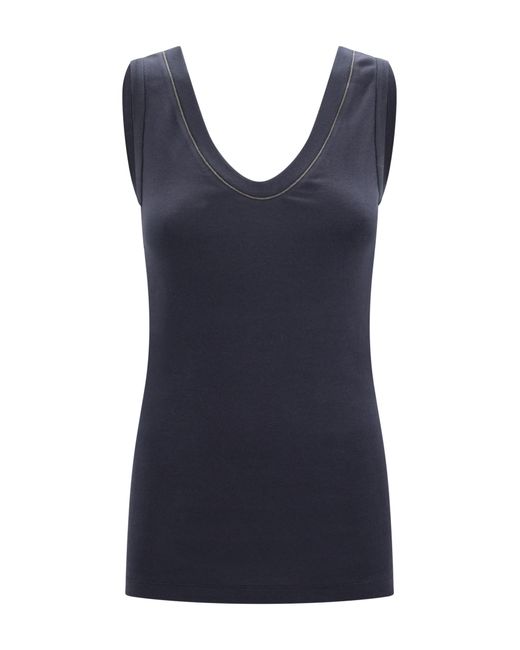 Brunello Cucinelli Blue Embellished Ribbed Cotton Tank Top