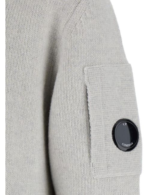 C P Company Gray Cardigan With High Neck And Logo Plaque On The Sleeve for men