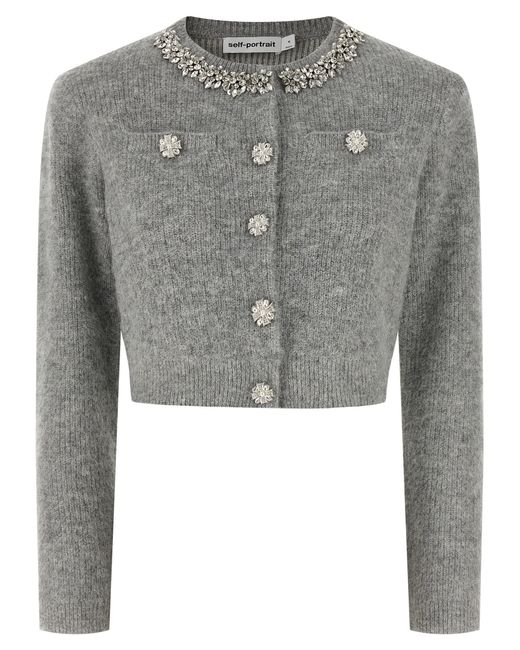 Self-Portrait Gray Fluffy Crystal Trim' Cardigan