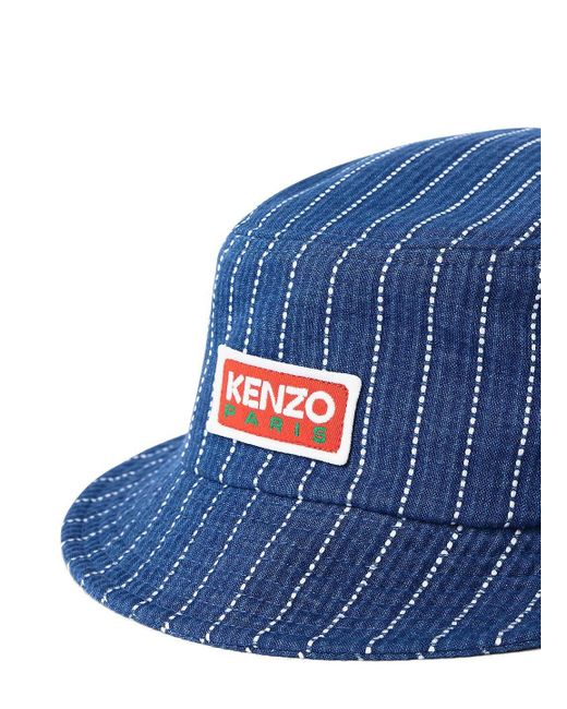 KENZO Blue Logo Patch Stripe Detailed Bucket Hat