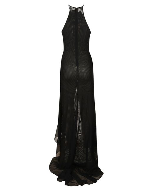 David Koma Black Ruched Front & Ruffle Hem Detail Mesh Gown