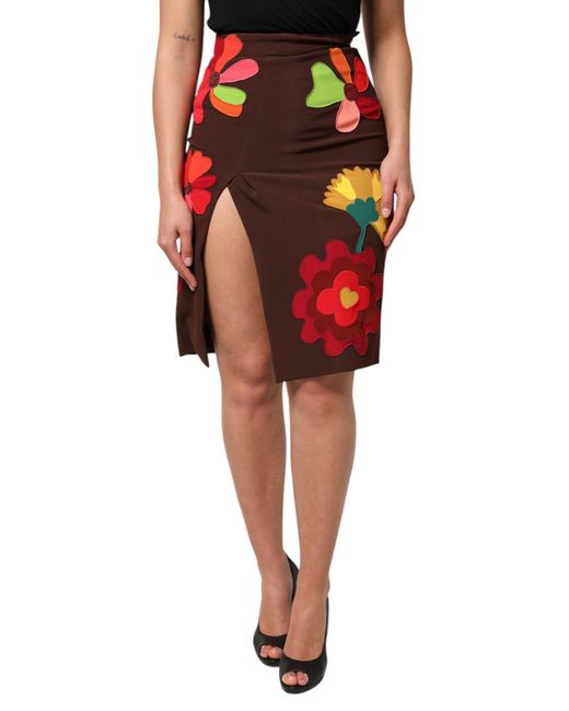 Dolce & Gabbana Red Floral Appliqu Slit Skirt