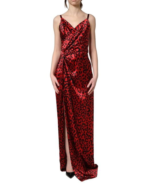 Dolce & Gabbana Red Leopard Draped Sleeveless Maxi Dress Silk Elastane