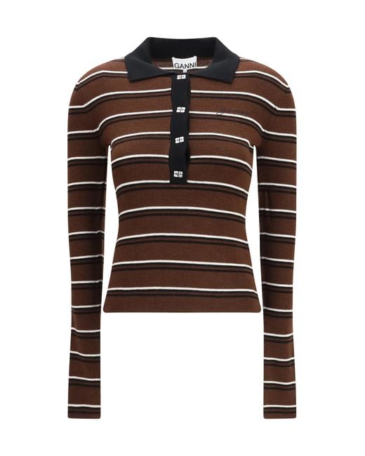 Ganni Brown Striped Merino Polo Shirt Wool Ovis Aries