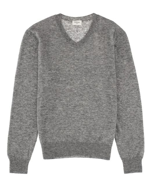 Saint Laurent Gray V-Neck Cashmere Blend Sweater Jumpers
