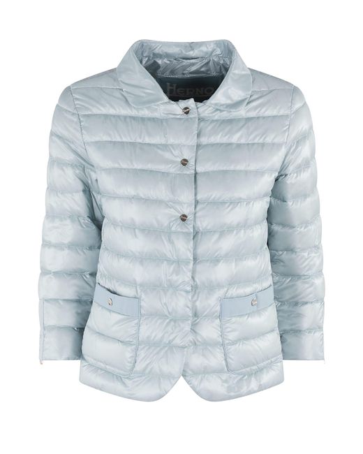 Herno Blue Quilted Puffer Jacket With Boxy Silhouette And Signature Logo Buttons