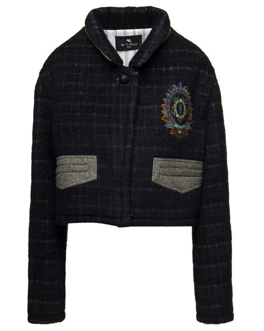 Etro Black Cropped Jacket With Embroidery And Check Motif In Wool Blend