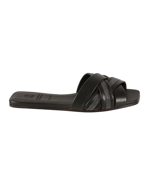 Brunello Cucinelli Black Cross-strap Embellished Flat Sandals