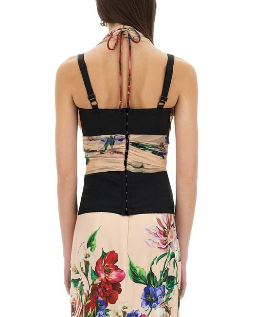 Dolce & Gabbana Black Flower Print Marquisette And Chiffon Bustier Top
