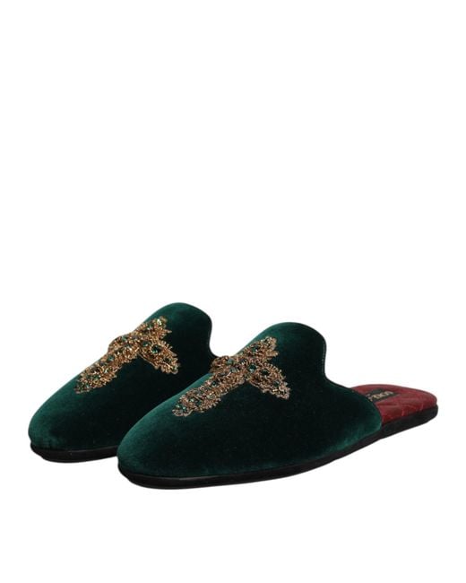Dolce & Gabbana Green Velvet Cross Embellished Slippers Shoes for men