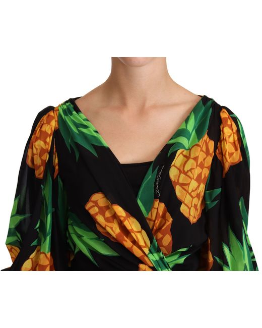 Dolce & Gabbana Green Vibrant Pineapple Draped Wrap Dress