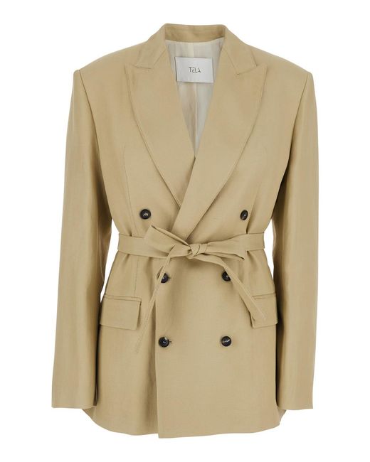 Tela Natural Double-Breasted Jacket With Peak Revers
