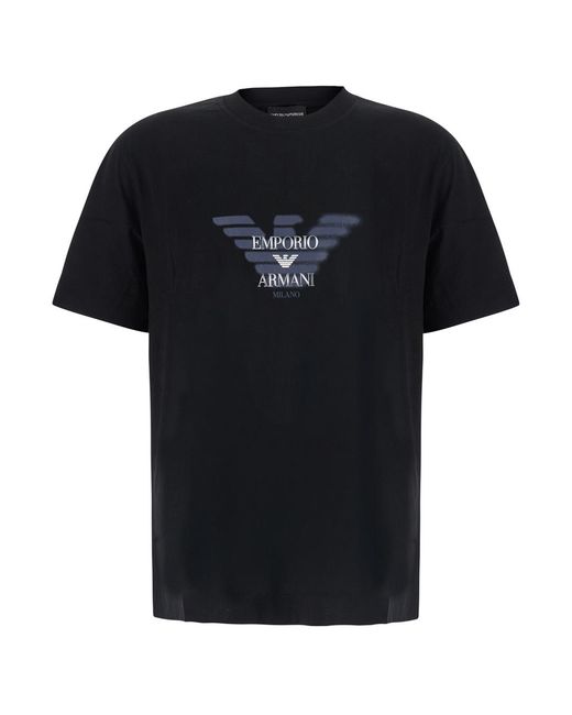 Emporio Armani Black T-Shirt Multilogo Cotton Lyocell T-Shirts for men