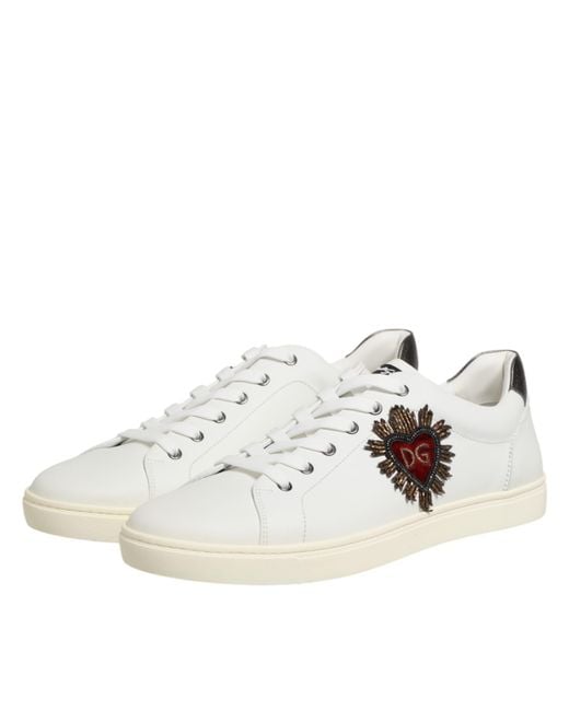 Dolce & Gabbana White Leather Heart Embellished Sneakers Shoes 100Lf for men