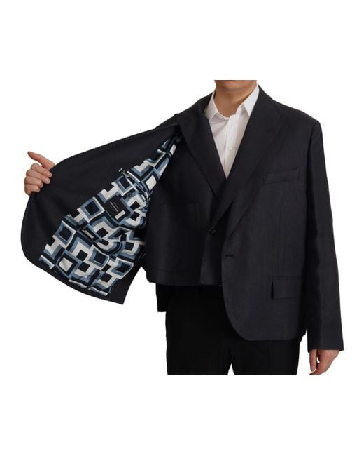 Dolce & Gabbana Black Blue Linen Formal Mens Blazer Jacket for men
