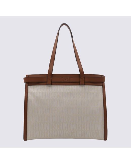 Moschino Brown Ivory Canvas And Leather Tote Bag