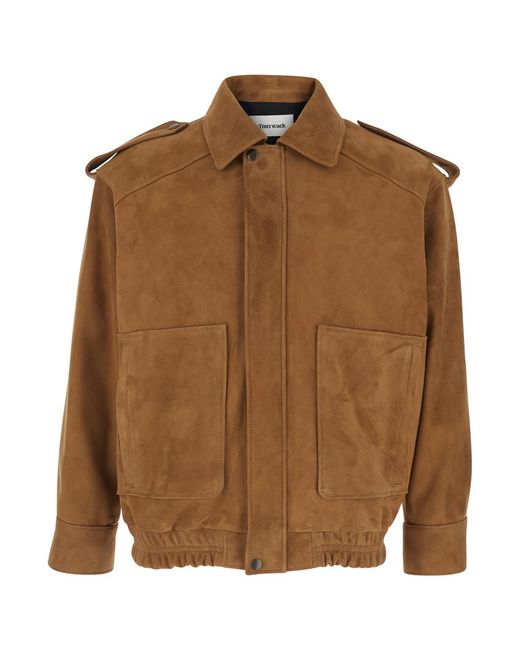TONYWACK Brown Suede Jacket With Classic Collar And Elasticized Waist For Goat Outerwear for men