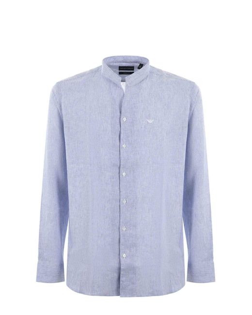 Emporio Armani Blue Linen Blend Striped Shirt for men