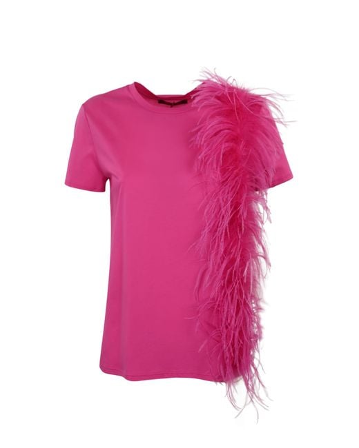 Max Mara Studio Pink Cotton T-shirt With Lappole Feathers