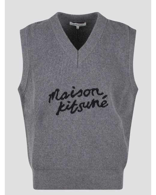 Maison Kitsuné Gray Embroidered Logo Wool Vest for men