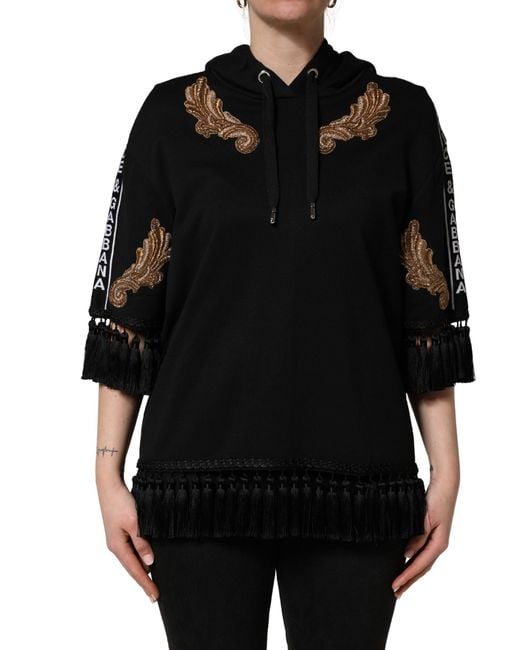 Dolce & Gabbana Black Embroidered Tassel Hooded Sweatshirt Sweater Cotton Clothing