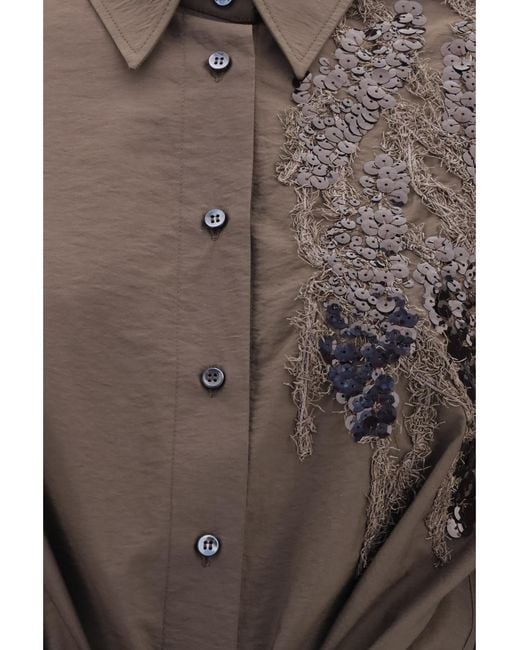 Brunello Cucinelli Brown Sequined Shirt Dress With Belt Cotton; Polyamide