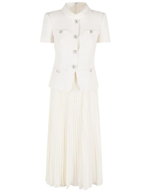 Self-Portrait White Cream Boucle Collared Midi Dress Poliestere Abito