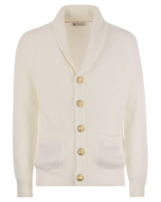 Brunello Cucinelli White Pure Cotton Ribbed Cardigan With Metal Button Fastening for men