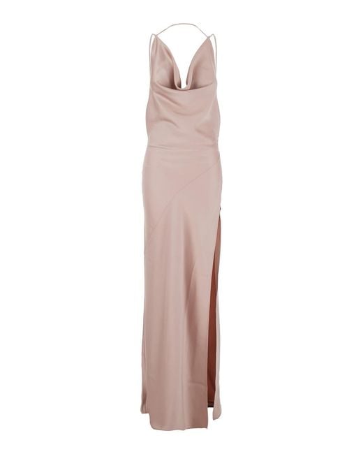 ANDAMANE Pink Long Dress Vera With Draped Neckline And Front Vent
