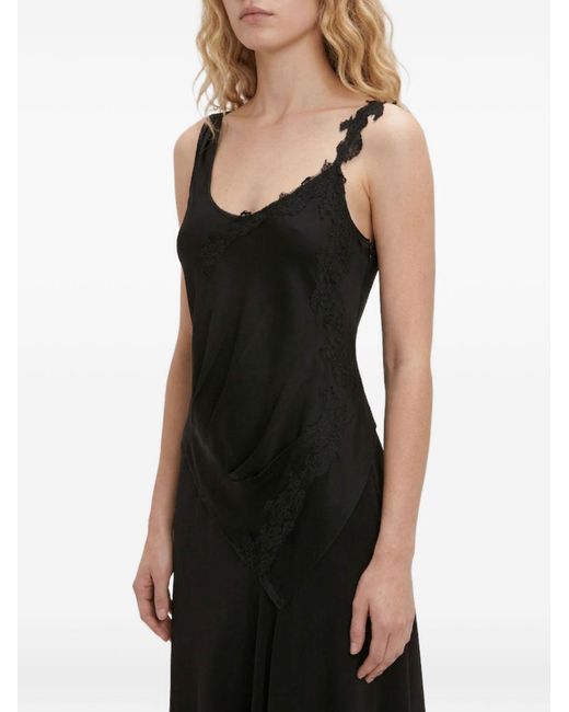 Victoria Beckham Black Crepe Back Satin Midi Dress With Draping And Tone-On-Tone Lace Inserts