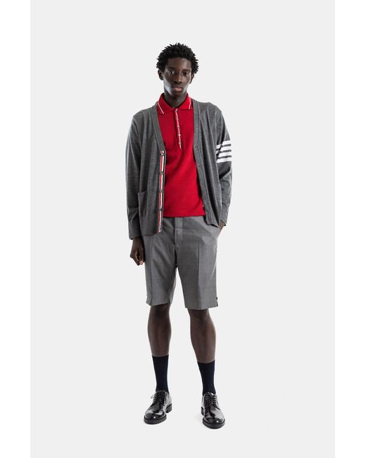 Thom Browne Red Merino Wool Heather V-Neck -Stripe Sleeve Cardigan Sweater for men