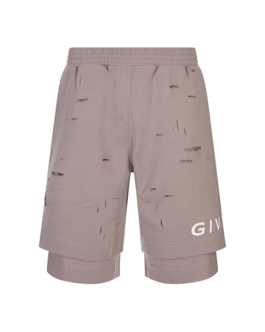 Givenchy Gray Taupe Destroyed Track Bermuda Shorts With Logo for men