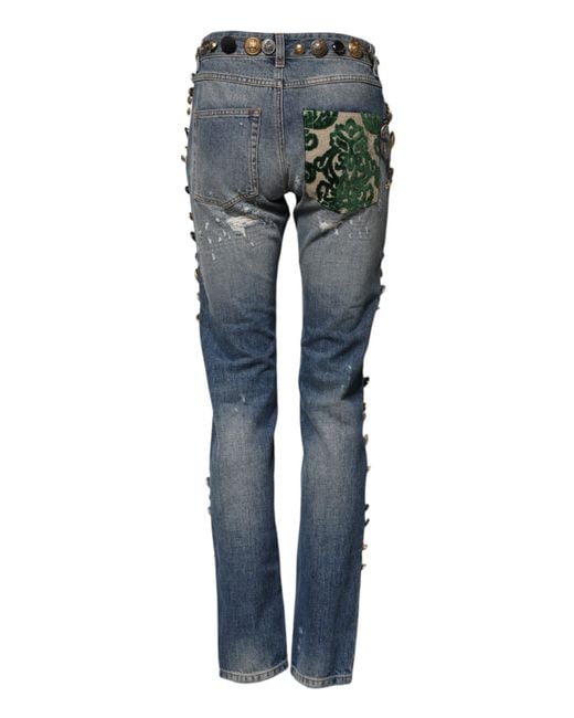 Dolce & Gabbana Blue Embellished Tattered Skinnydenim Jeans Cotton Clothing